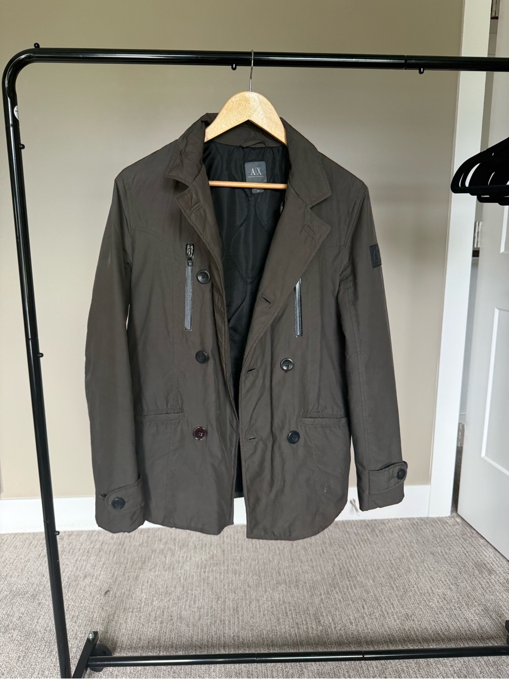 Armani Exchange Men's Olive Brown Double-Breasted Pea Coat